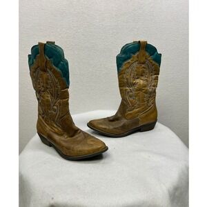 Coconuts Matisse Cimmaron Cowboy Boots Womens 7 Tan Teal Western Embroidered